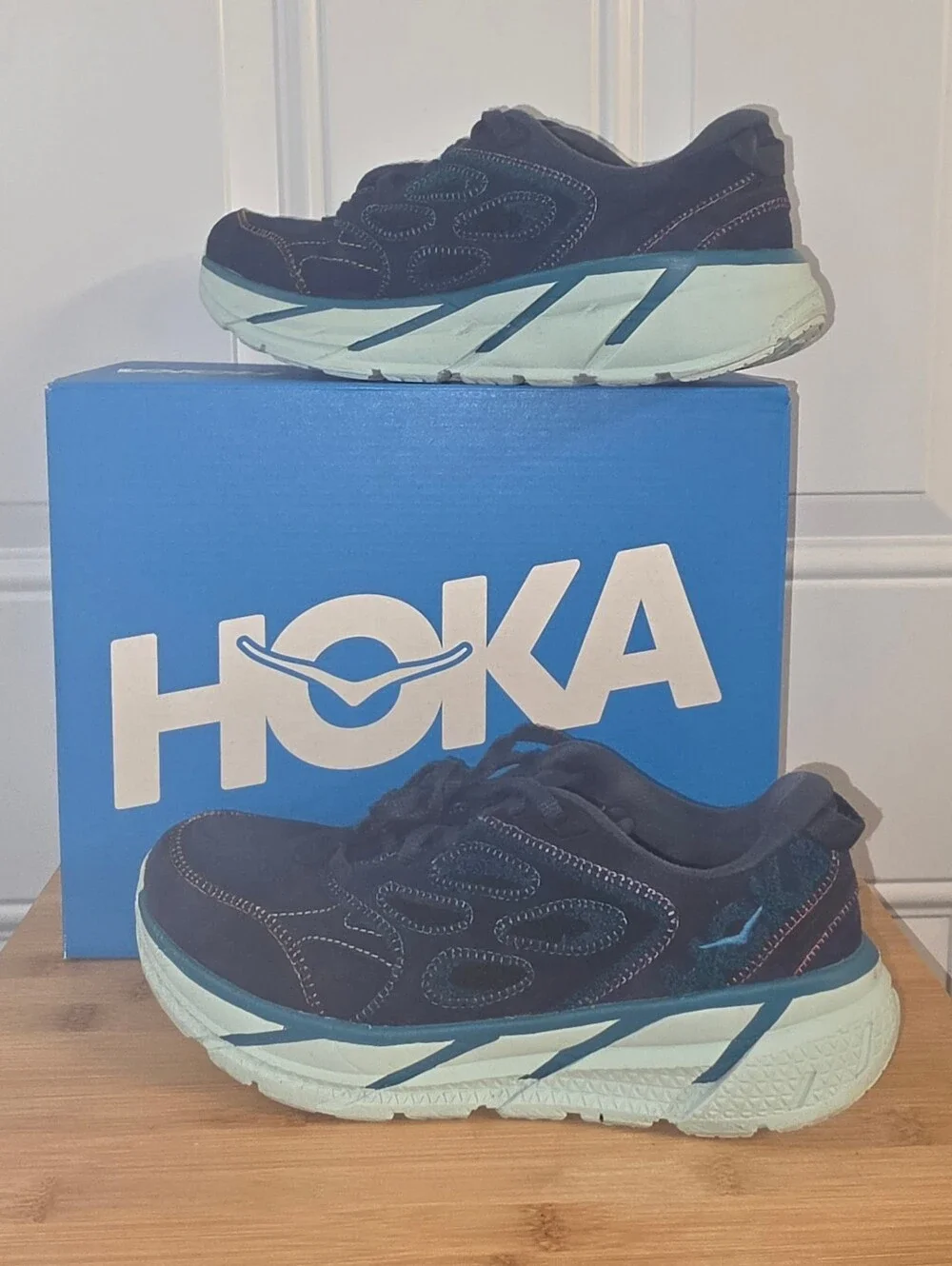 HOKA U Clifton L in a Suede Navy Leather and Mint Lightweight Running Shoes